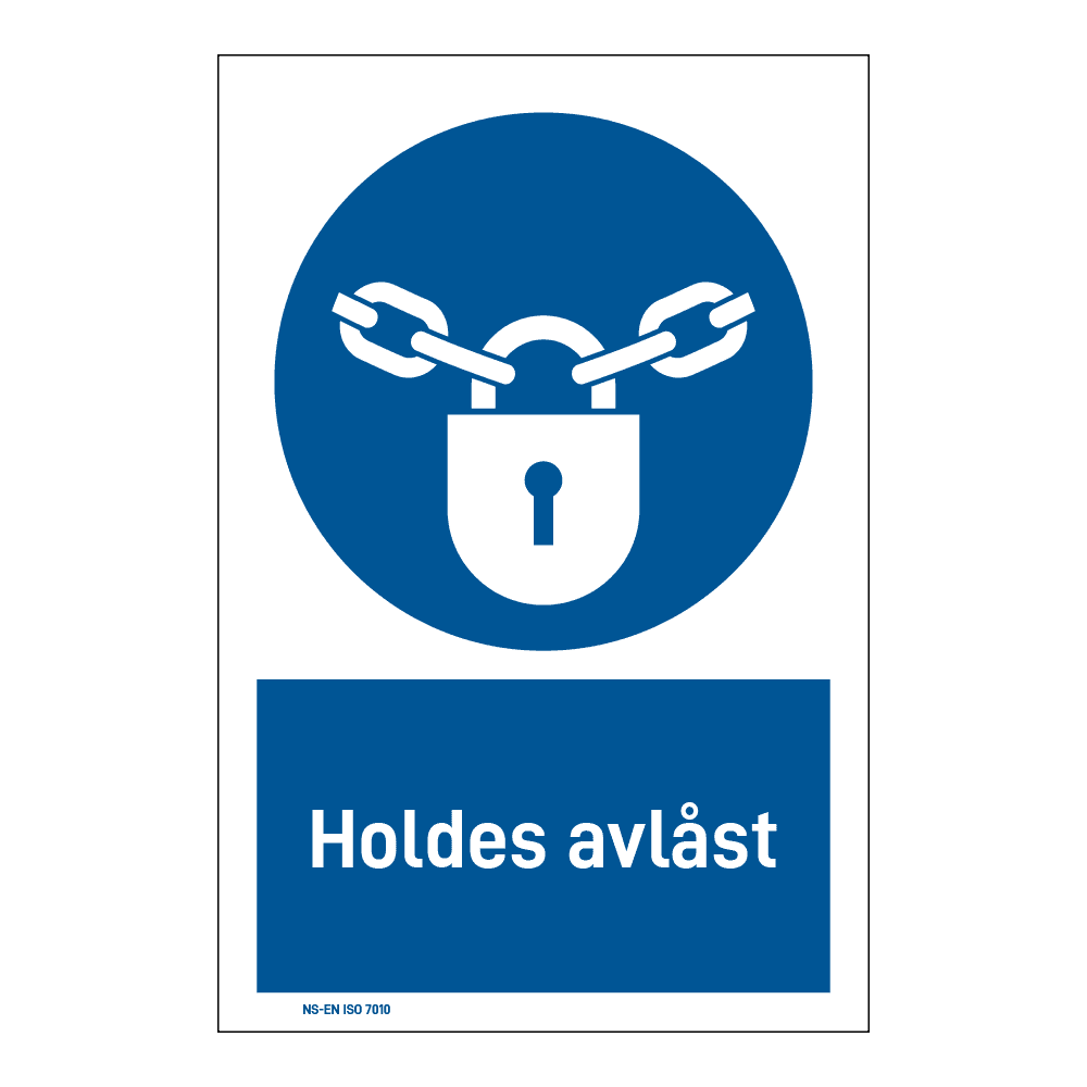 Påbud klistremerke: "Holdes avlåst" m/tekst under
