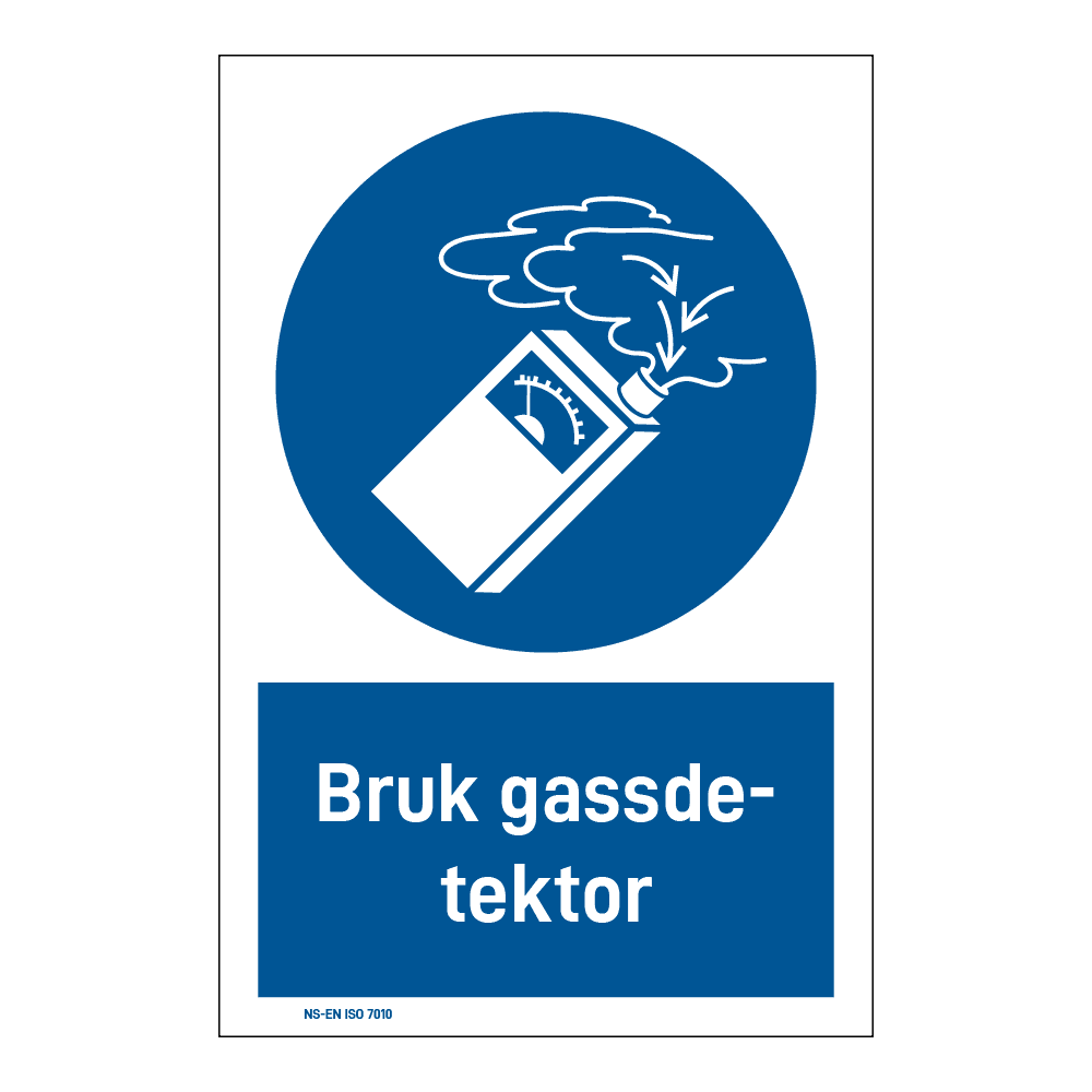 Påbud klistremerke: "Bruk gassdetektor" m/tekst under