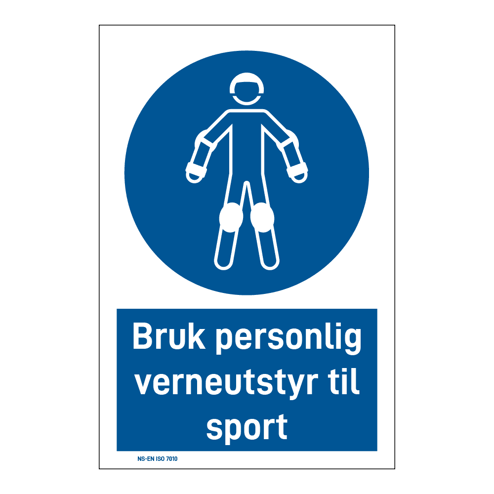 Påbud klistremerke: "Bruk personlig verneutstyr til sport" m/tekst under