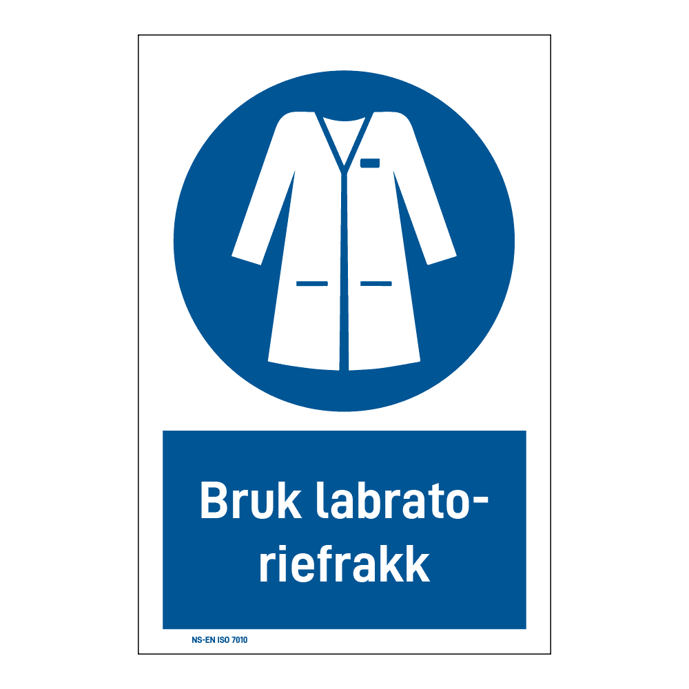 Påbud klistremerke: "Labratoriefrakk påbudt" m/tekst under