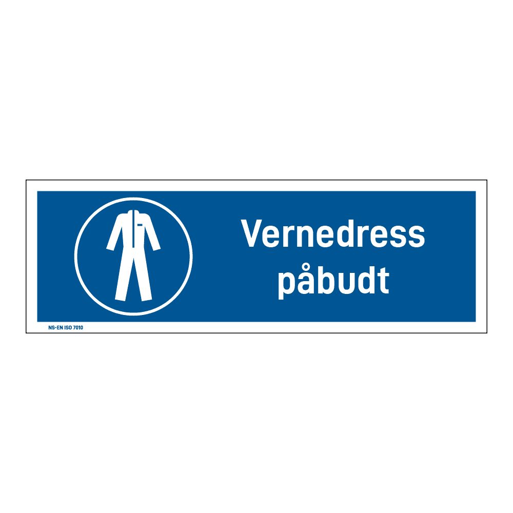 Påbudsskilt: "Vernedress påbudt" m/tekst liggende
