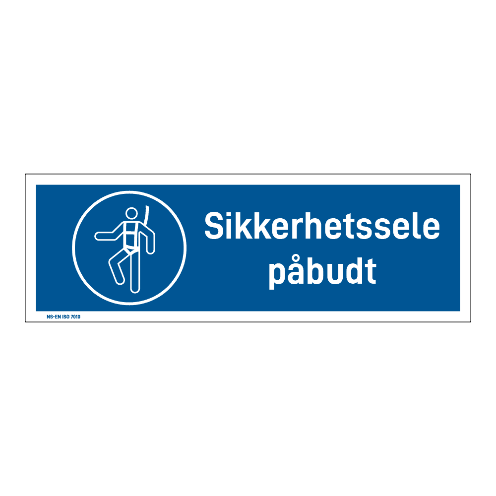 Påbudsskilt: "Sikkerhetssele påbudt" m/tekst liggende