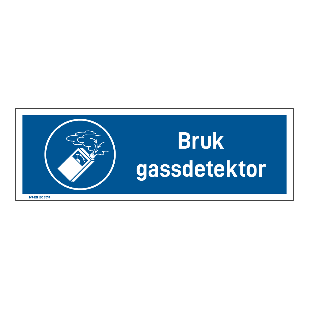 Påbudsskilt: "Bruk gassdetektor" m/tekst liggende