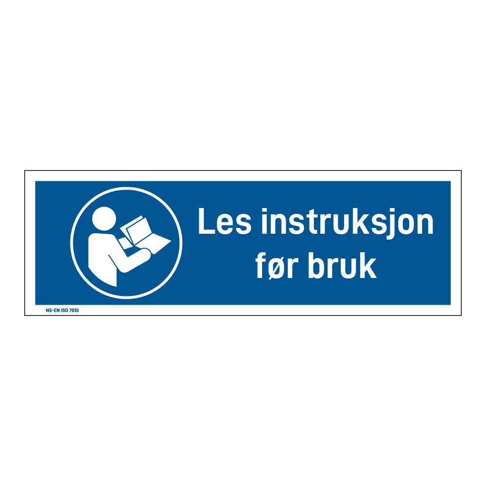 Påbud klistremerke: "Les instruksjon før bruk" m/tekst liggende
