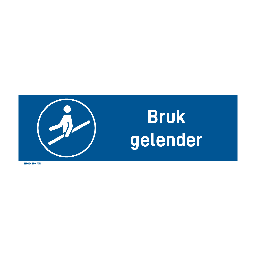 Påbud klistremerke: "Bruk gelender" m/tekst liggende