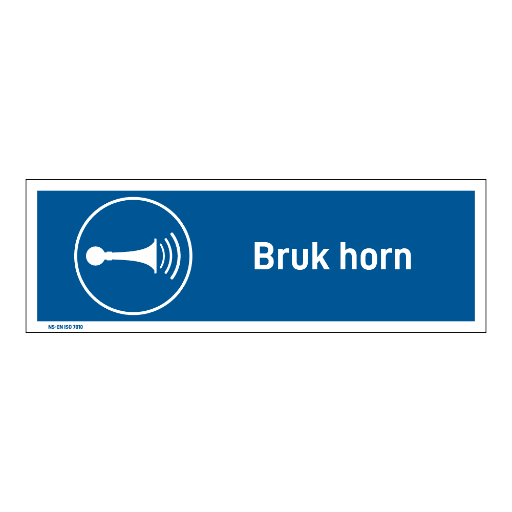 Påbud klistremerke: "Bruk horn" m/tekst liggende