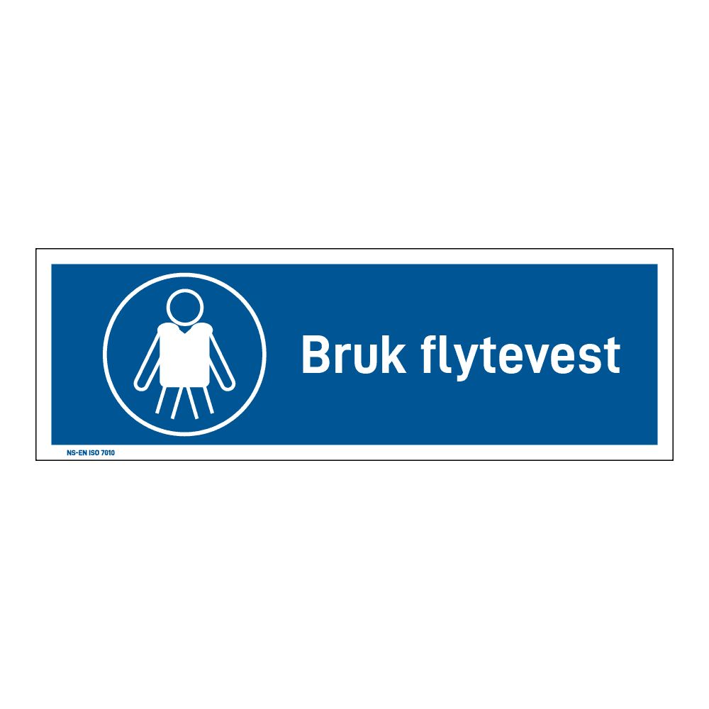 Påbud klistremerke: "Bruk flytevest" m/tekst liggende