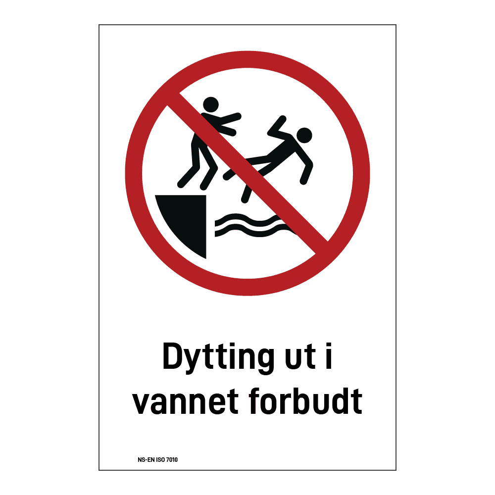 Forbudsskilt: "Dytting ut i vannet forbudt" m/tekst