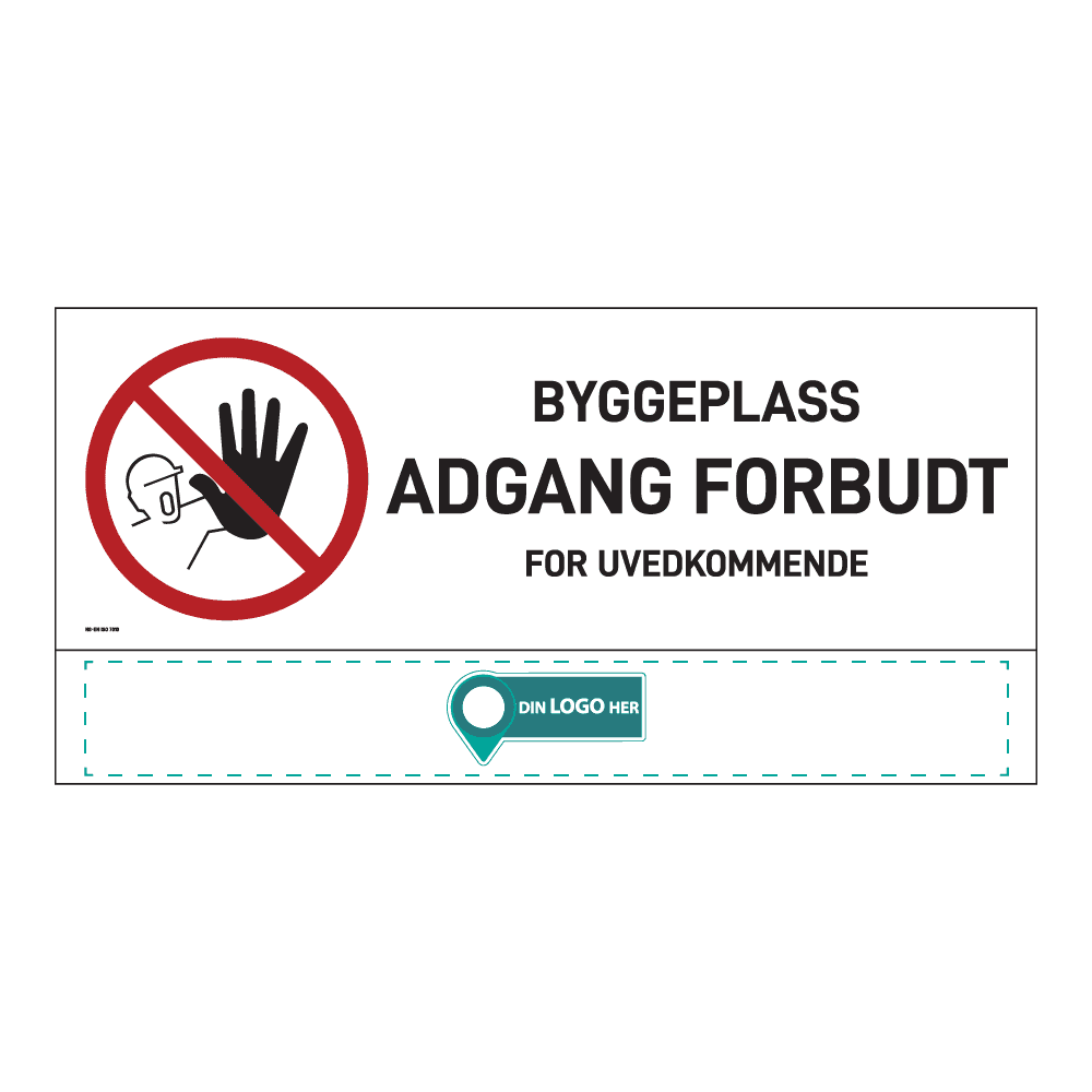Anleggsområde banner: "Byggeplass, adgang forbudt". Med logo under