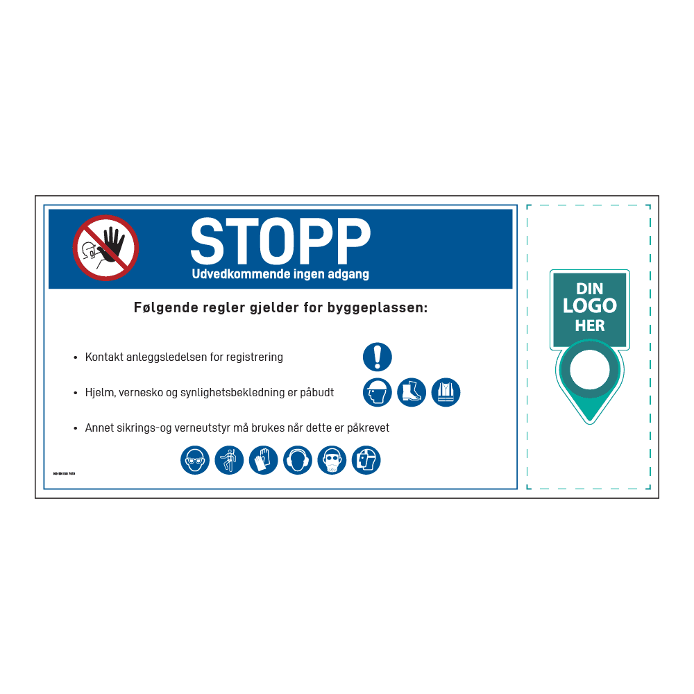 Anleggsområde banner: "Stopp, ingen adgang". Med logo høyre side