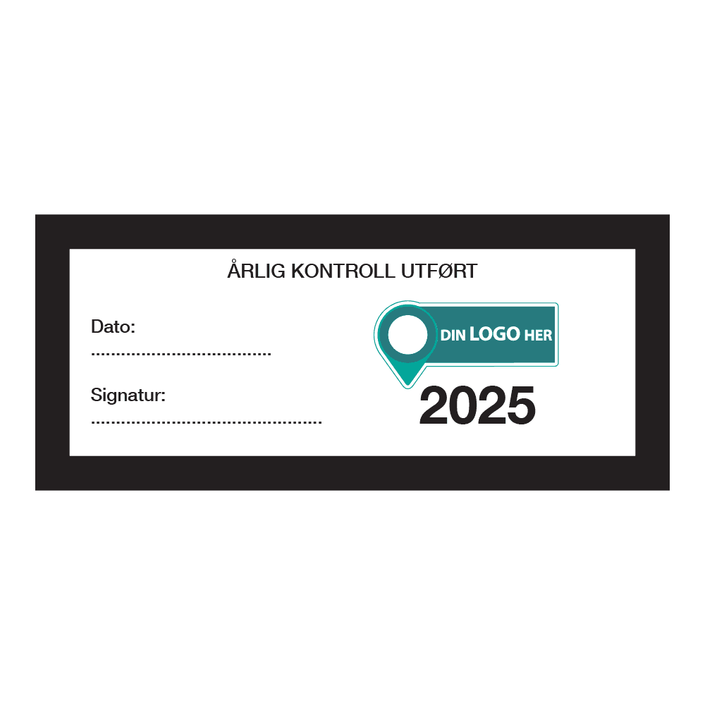 Kontrollmerker: "Årlig kontroll utført, 2025" Sort. Med logo
