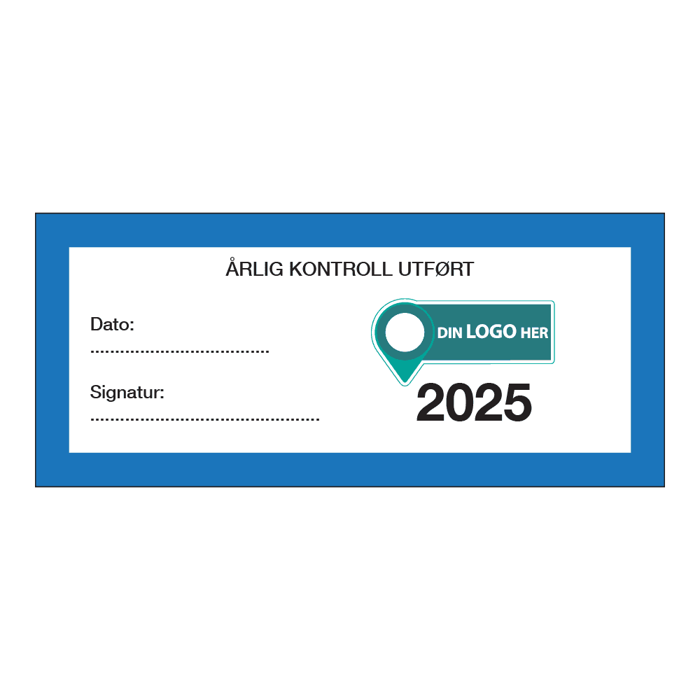 Kontrollmerker: "Årlig kontroll utført, 2025" Blå. Med logo
