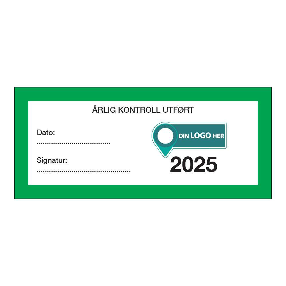 Kontrollmerker: "Årlig kontroll utført, 2025" Grønn. Med logo
