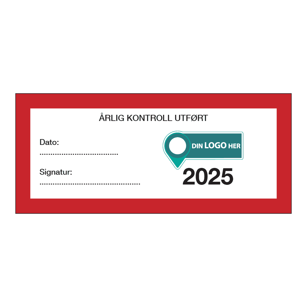 Kontrollmerker: "Årlig kontroll utført, 2025" Rød. Med logo