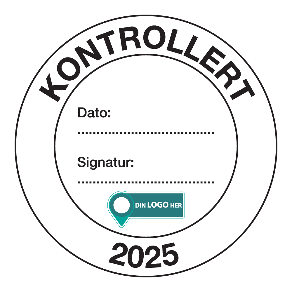 Kontrollmerker: "Kontrollert, 2025" Hvit. Med logo