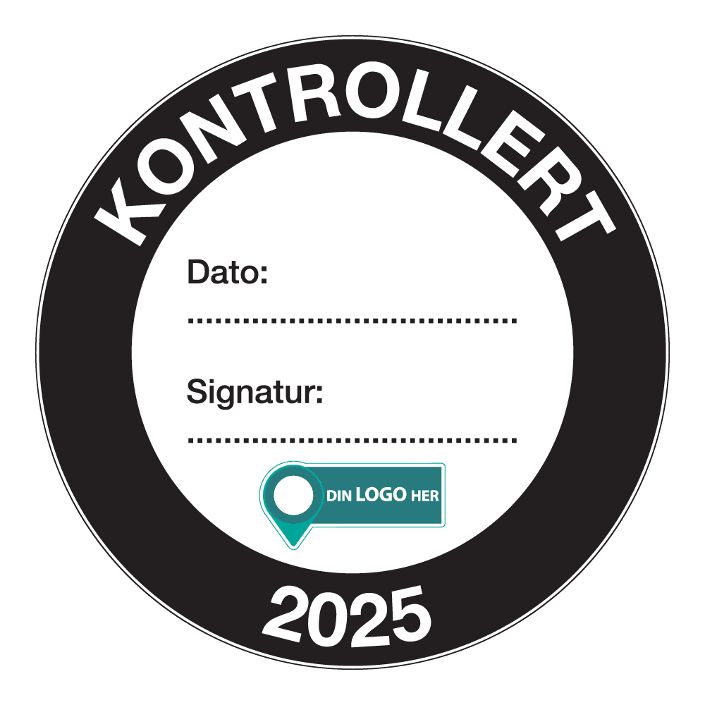 Kontrollmerker: "Kontrollert, 2025" Sort. Med logo