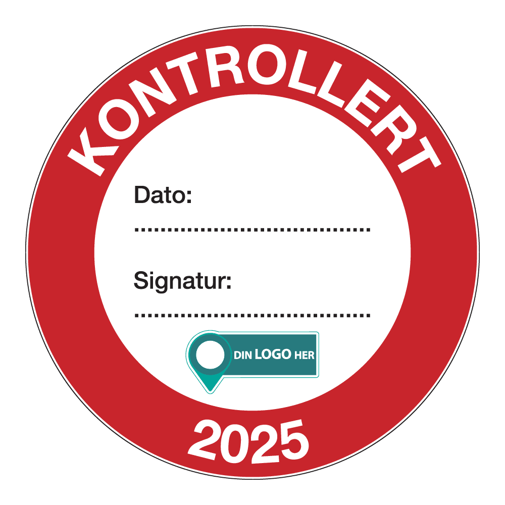 Kontrollmerker: "Kontrollert, 2025" Rød. Med logo