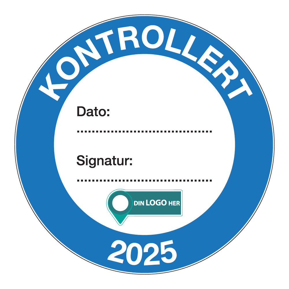 Kontrollmerker: "Kontrollert, 2025" Blå. Med logo