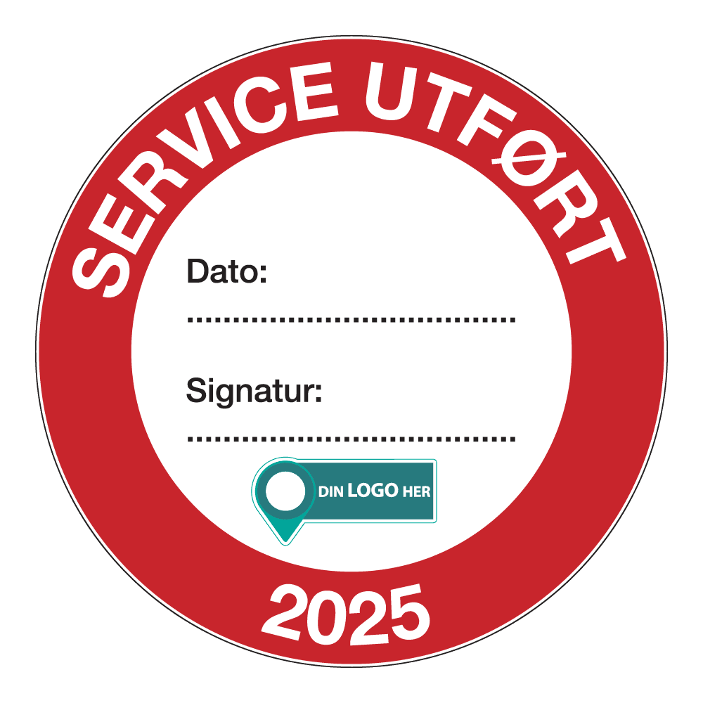 Kontrollmerker: "Service utført, 2025" Rød. Med logo