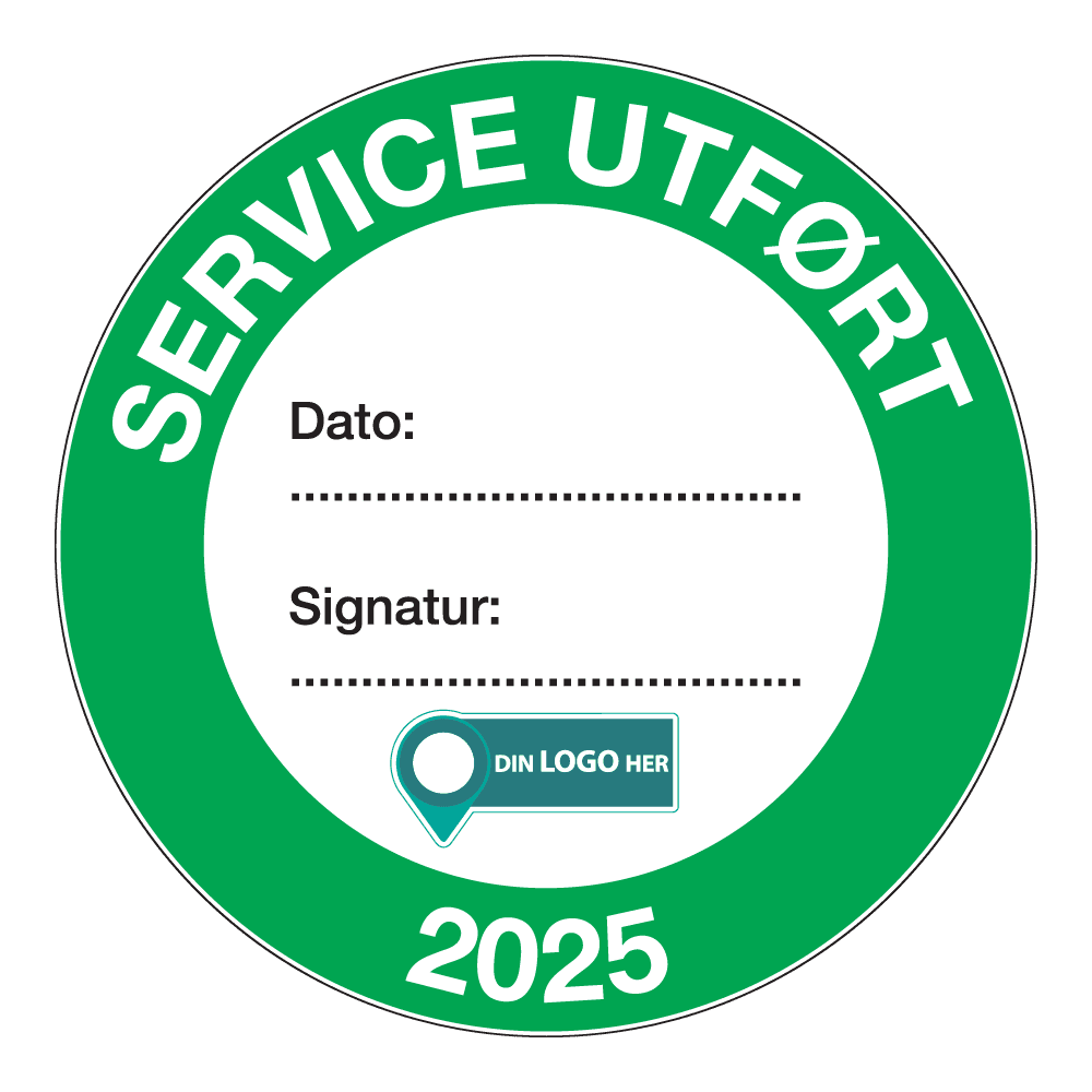 Kontrollmerker: "Service utført, 2025" Grønn. Med logo