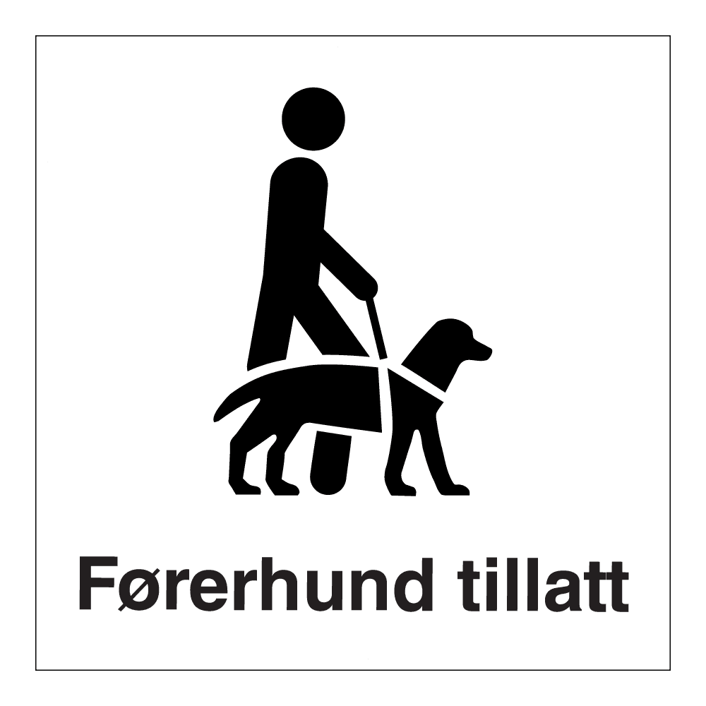 Informasjonsskilt: "Førerhund tillatt" m/tekst