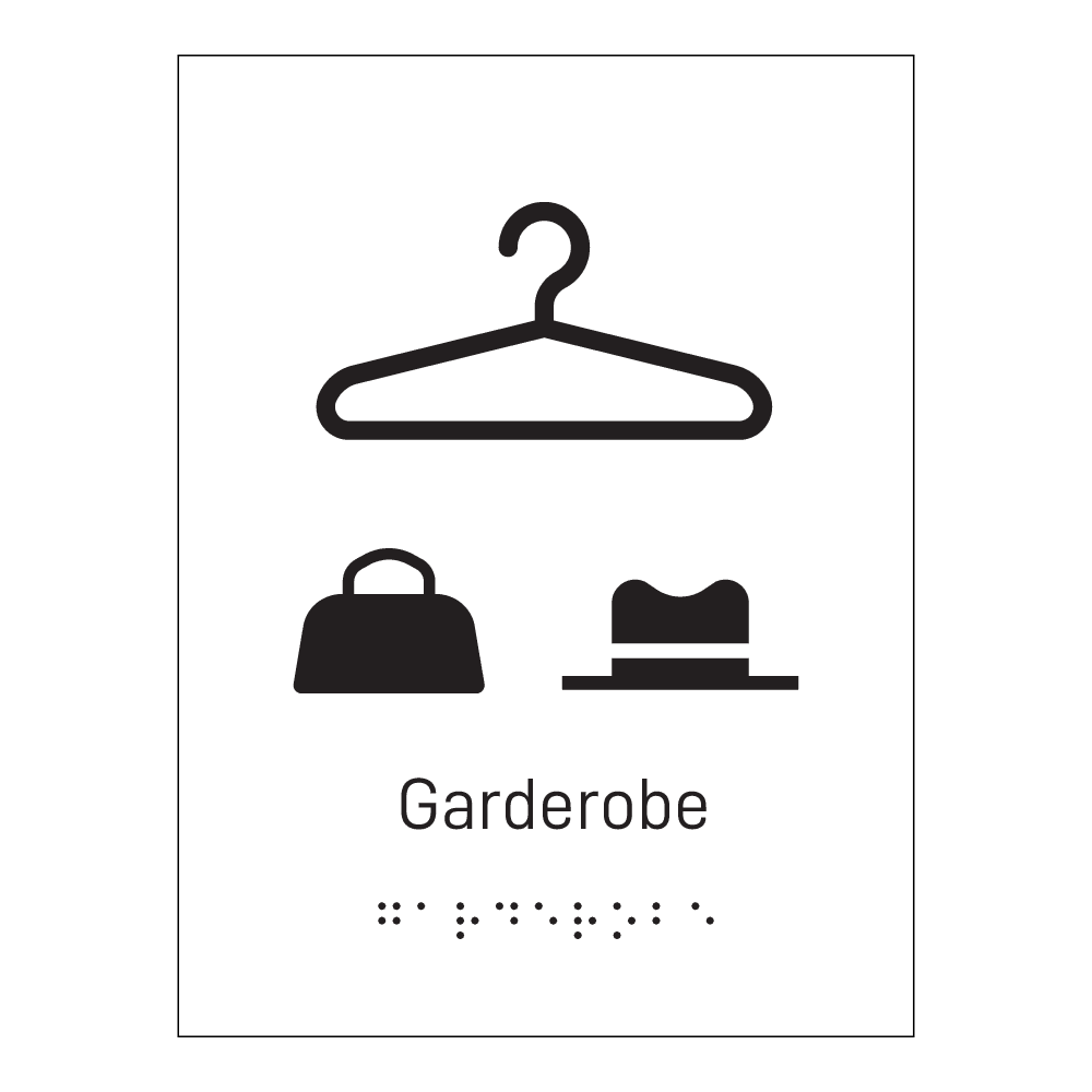 Informasjonsskilt: "Garderobe" m/ taktilt trykk