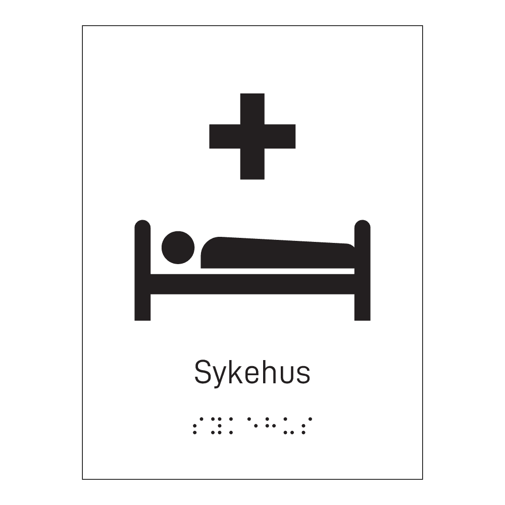 Informasjonsskilt: "Sykehus" m/ taktilt trykk