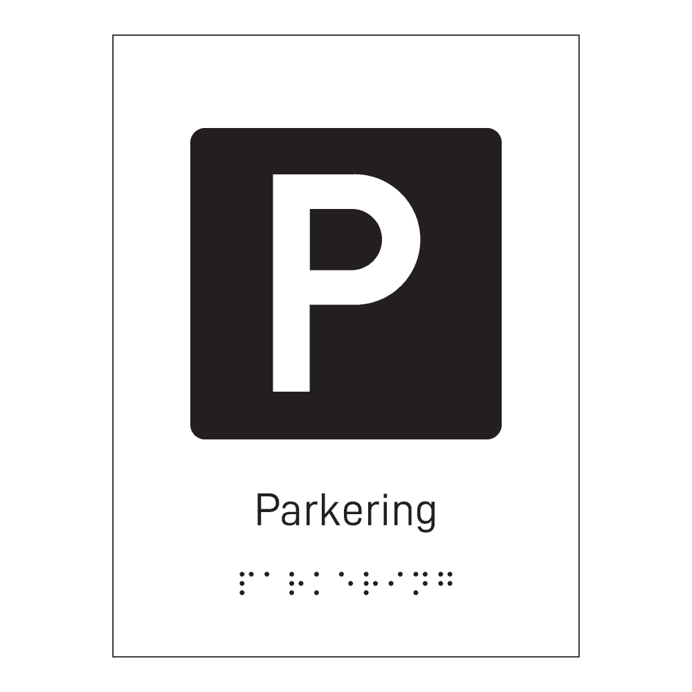 Informasjonsskilt: "Parkering" m/ taktilt trykk
