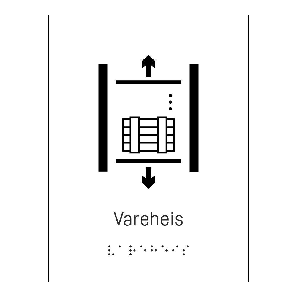 Informasjonsskilt: "Vareheis" m/ taktilt trykk