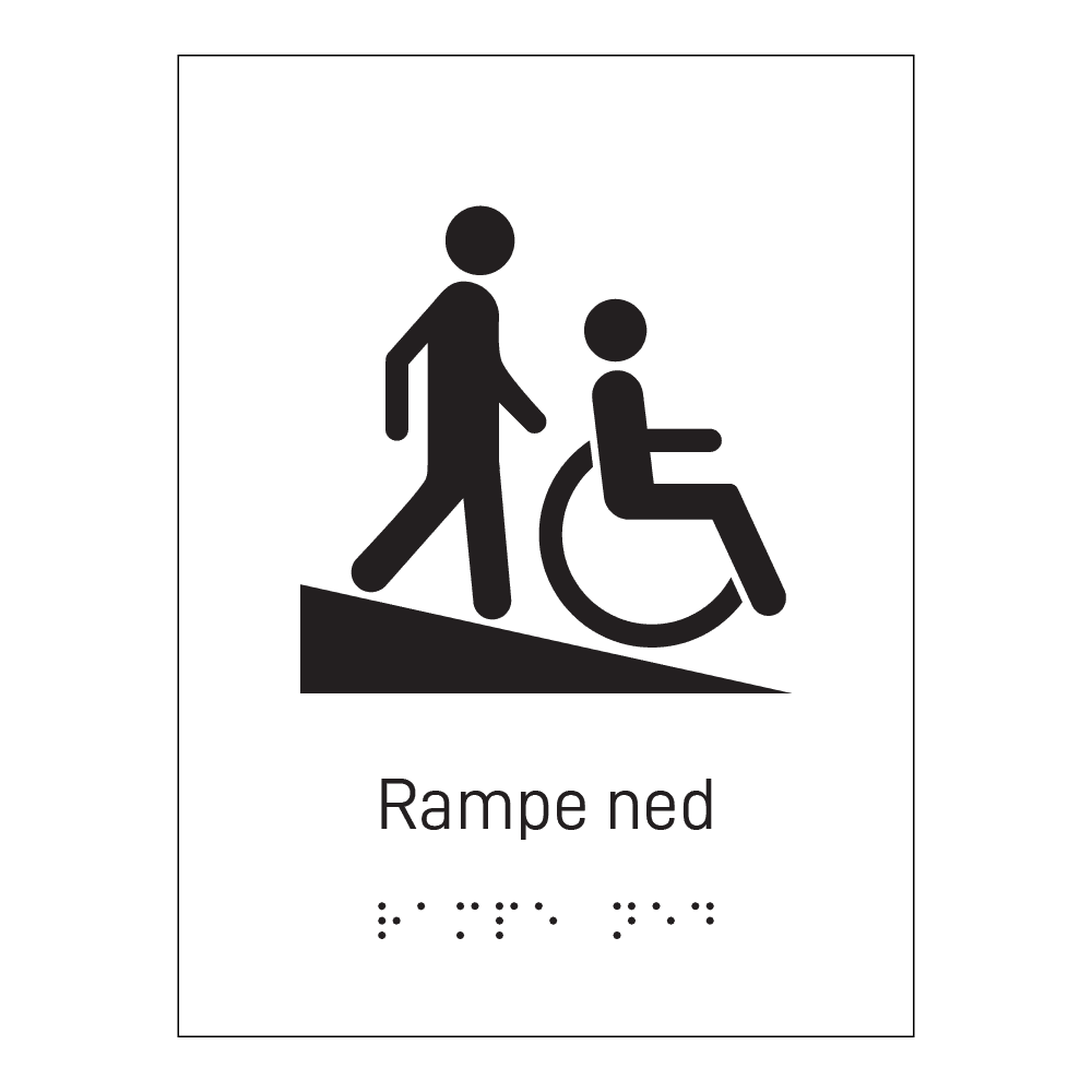 Informasjonsskilt: "Rampe går ned" m/ taktilt trykk