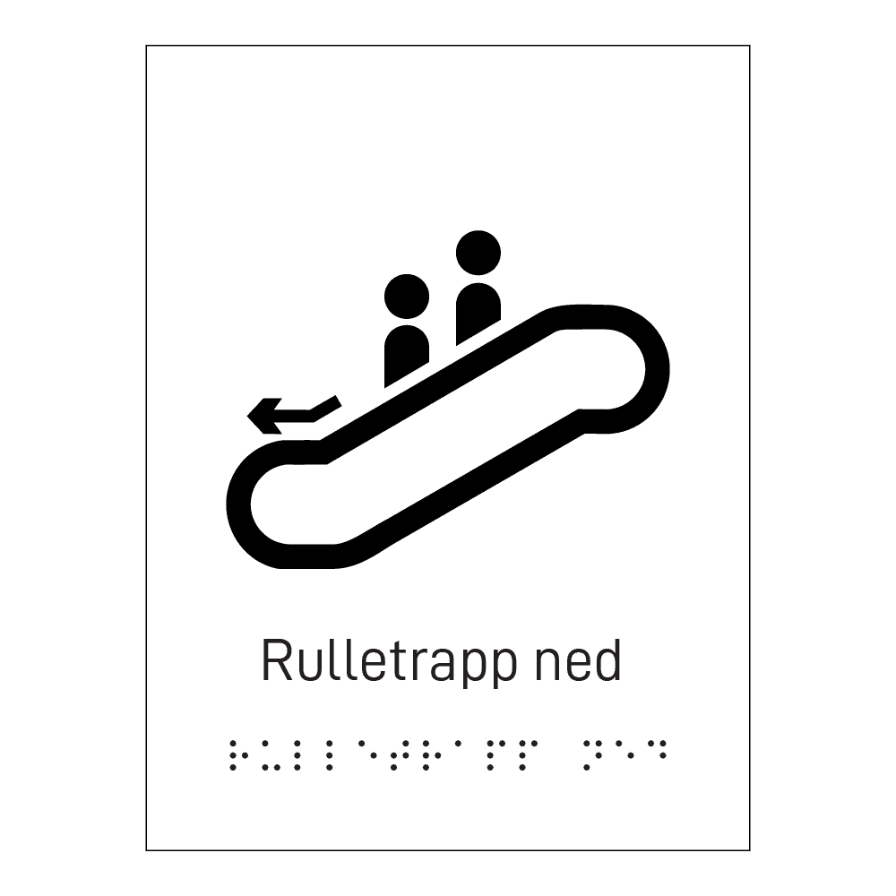 Informasjonsskilt: "Rulletrapp ned" m/ taktilt trykk