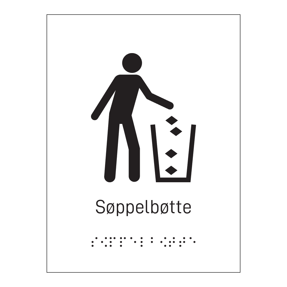 Informasjonsskilt: "Søppelbøtte" m/ taktilt trykk