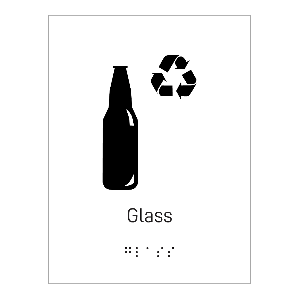 Informasjonsskilt: "Resirkulering glass" m/ taktilt trykk